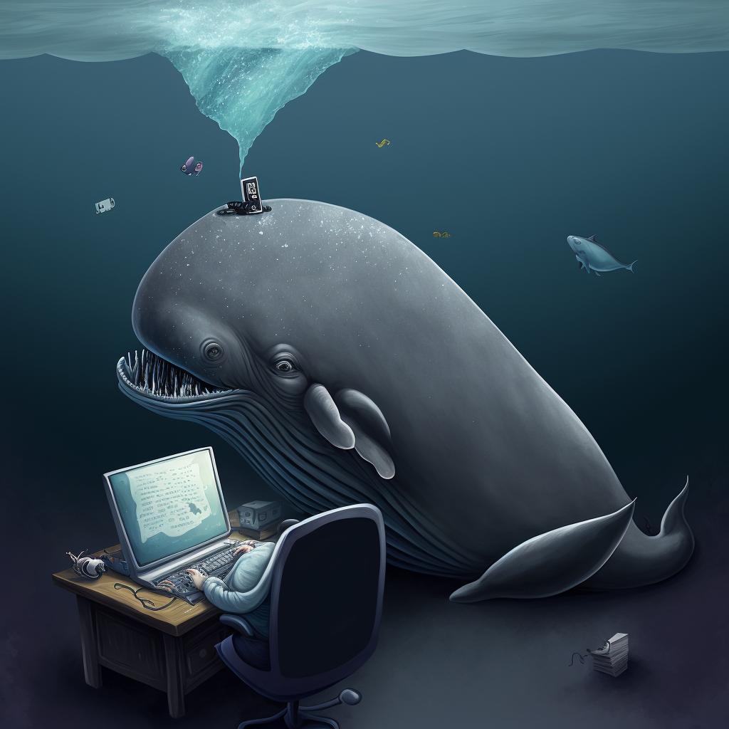 immagine illustrativa di una balena che sbuffa acqua davanti alla scrivania di un programmatore