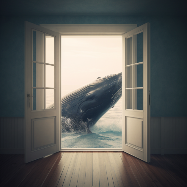 Una balena davanti ad una porta.